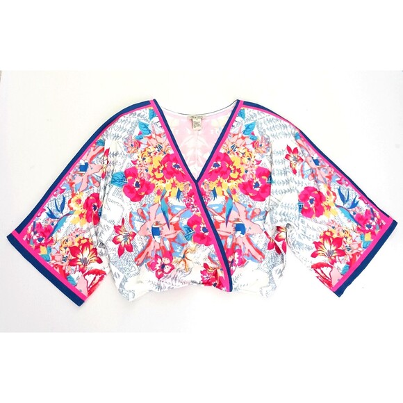 Flying Tomatoe Crop V Neck Kimono Top Colorful Floral Print Stretch Waist Sz M - Picture 8 of 8